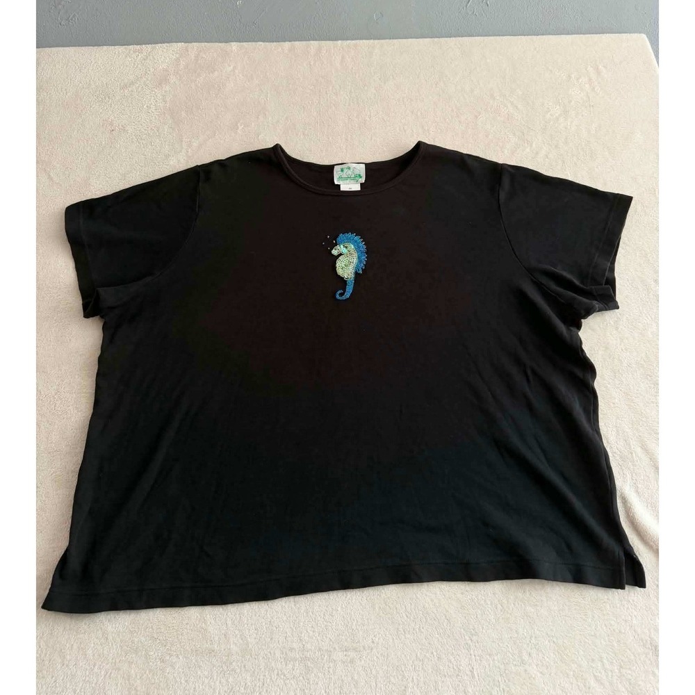 Quacker Factory‎ Black Cotton Seahorse Sequin Beaded Short Sleeve Top 3X